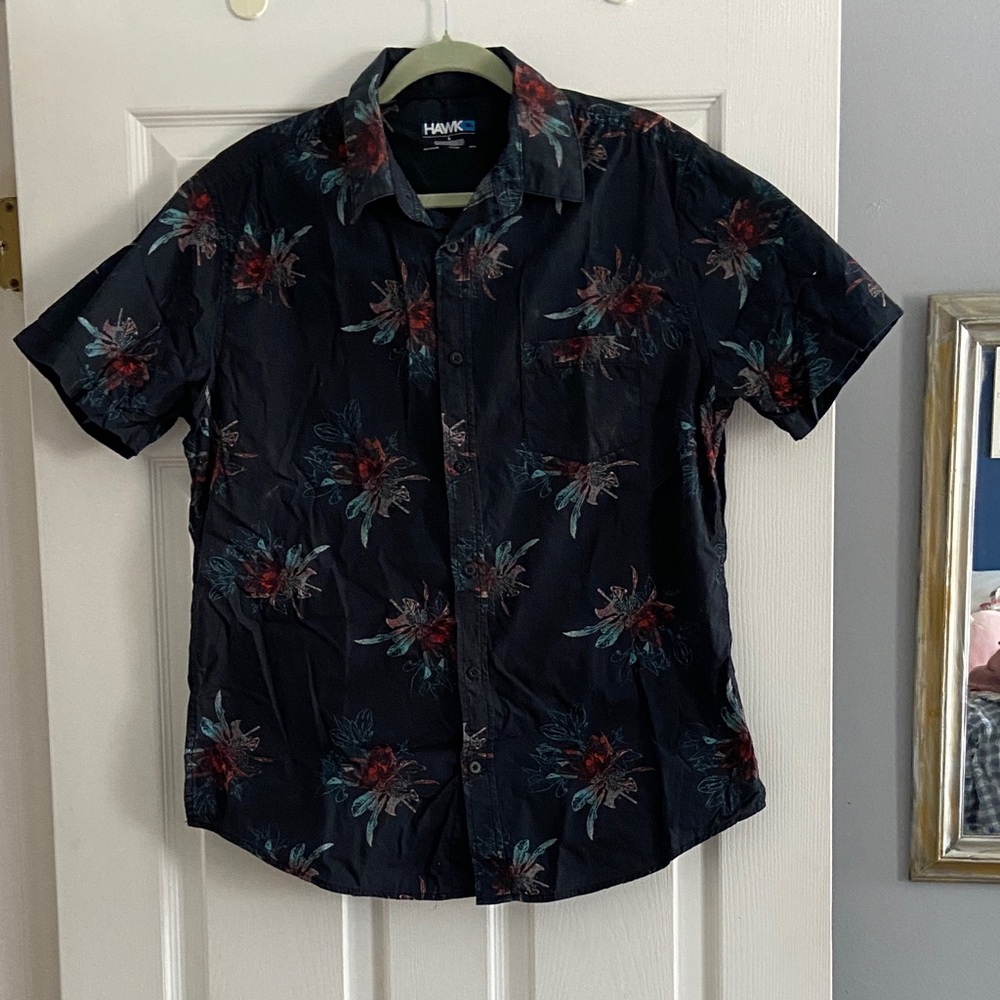 Men’s casual button down, Hawk, L, tropical, black